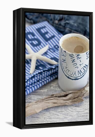 Still Life, Maritime, Blue, Starfish, Material, Text, Wooden Piece, Coffee Cup-Andrea Haase-Framed Premier Image Canvas