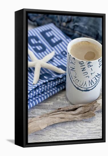 Still Life, Maritime, Blue, Starfish, Material, Text, Wooden Piece, Coffee Cup-Andrea Haase-Framed Premier Image Canvas