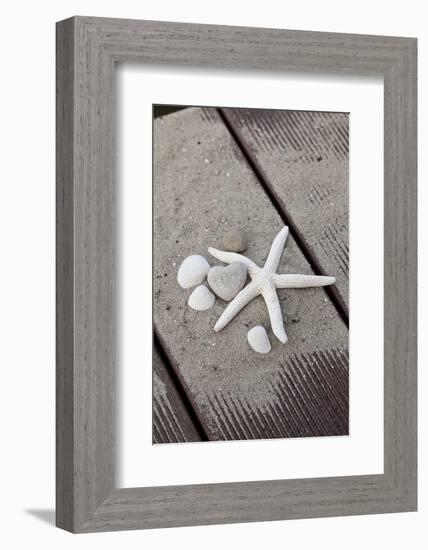 Still Life, Maritime, Sand, Wood, Seashells, Starfish, Heart, Lettering 'Happy'-Andrea Haase-Framed Photographic Print