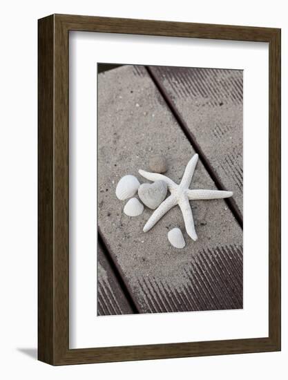 Still Life, Maritime, Sand, Wood, Seashells, Starfish, Heart, Lettering 'Happy'-Andrea Haase-Framed Photographic Print