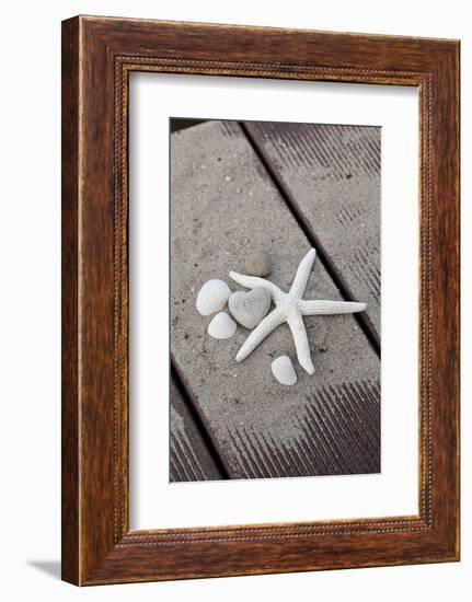 Still Life, Maritime, Sand, Wood, Seashells, Starfish, Heart, Lettering 'Happy'-Andrea Haase-Framed Photographic Print