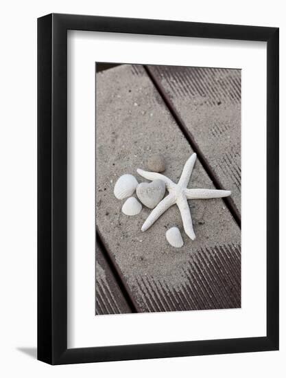 Still Life, Maritime, Sand, Wood, Seashells, Starfish, Heart, Lettering 'Happy'-Andrea Haase-Framed Photographic Print