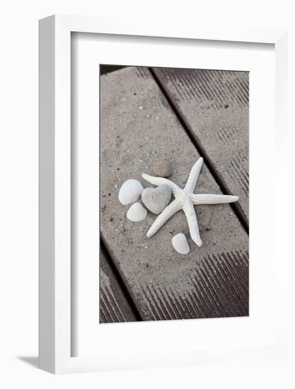 Still Life, Maritime, Sand, Wood, Seashells, Starfish, Heart, Lettering 'Happy'-Andrea Haase-Framed Photographic Print