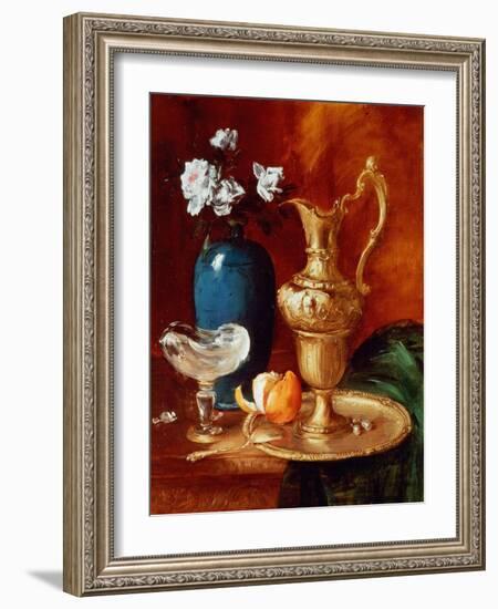 Still Life of a Gilt Ewer, Vase of Flowers and a Facon De Venise Bowl-Antoine Vollon-Framed Giclee Print