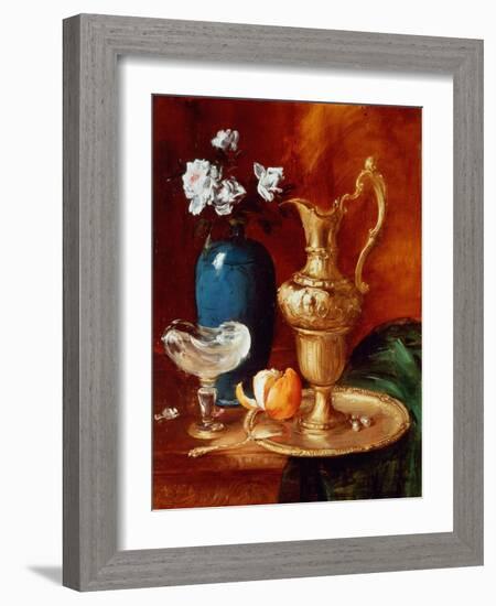 Still Life of a Gilt Ewer, Vase of Flowers and a Facon De Venise Bowl-Antoine Vollon-Framed Giclee Print