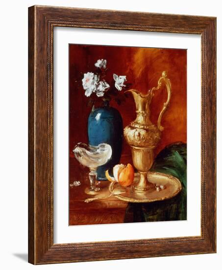 Still Life of a Gilt Ewer, Vase of Flowers and a Facon De Venise Bowl-Antoine Vollon-Framed Giclee Print