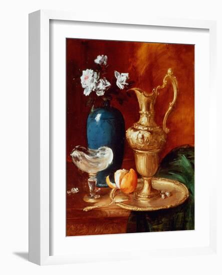 Still Life of a Gilt Ewer, Vase of Flowers and a Facon De Venise Bowl-Antoine Vollon-Framed Giclee Print