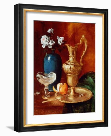 Still Life of a Gilt Ewer, Vase of Flowers and a Facon De Venise Bowl-Antoine Vollon-Framed Giclee Print