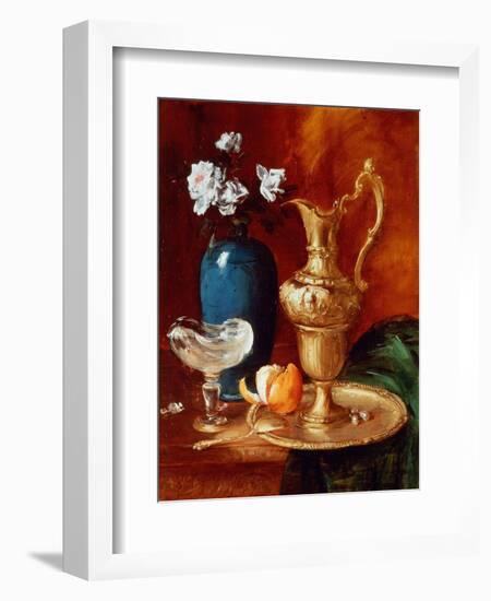 Still Life of a Gilt Ewer, Vase of Flowers and a Facon De Venise Bowl-Antoine Vollon-Framed Premium Giclee Print