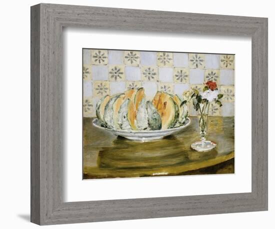 Still Life of a Melon and a Vase of Flowers, C.1872-Pierre-Auguste Renoir-Framed Giclee Print