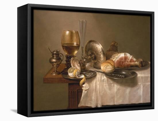 Still Life of a Roemer, an Overturned Silver Tazza, a Flute and a Ham, 1643-Willem Claesz. Heda-Framed Premier Image Canvas