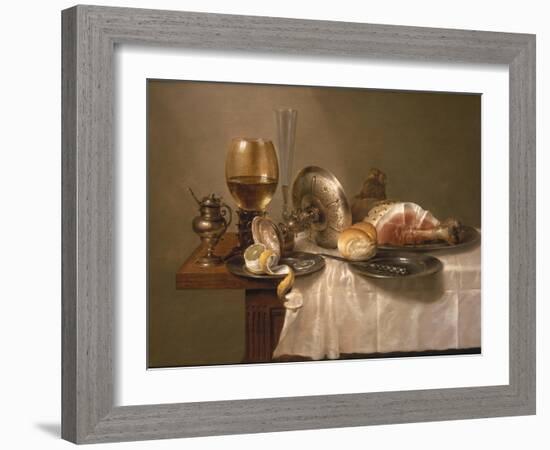 Still Life of a Roemer, an Overturned Silver Tazza, a Flute and a Ham, 1643-Willem Claesz. Heda-Framed Giclee Print