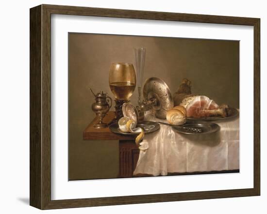 Still Life of a Roemer, an Overturned Silver Tazza, a Flute and a Ham, 1643-Willem Claesz. Heda-Framed Giclee Print