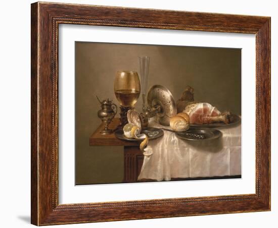 Still Life of a Roemer, an Overturned Silver Tazza, a Flute and a Ham, 1643-Willem Claesz. Heda-Framed Giclee Print