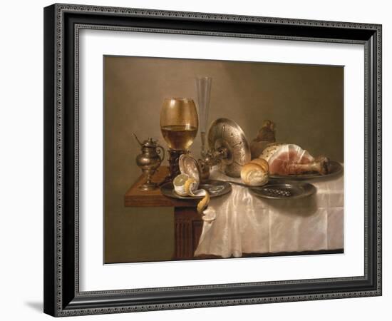 Still Life of a Roemer, an Overturned Silver Tazza, a Flute and a Ham, 1643-Willem Claesz. Heda-Framed Giclee Print