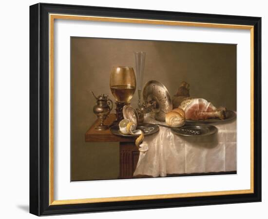 Still Life of a Roemer, an Overturned Silver Tazza, a Flute and a Ham, 1643-Willem Claesz. Heda-Framed Giclee Print