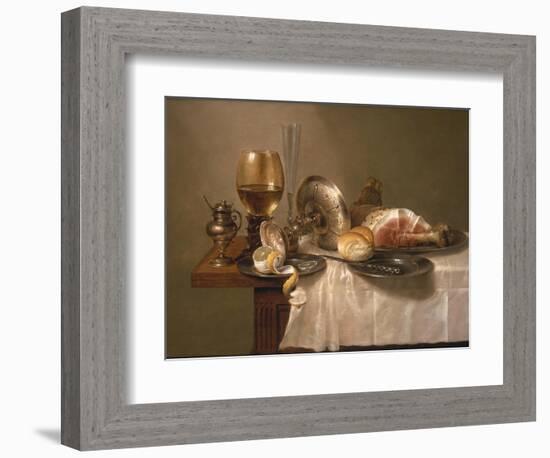 Still Life of a Roemer, an Overturned Silver Tazza, a Flute and a Ham, 1643-Willem Claesz. Heda-Framed Giclee Print