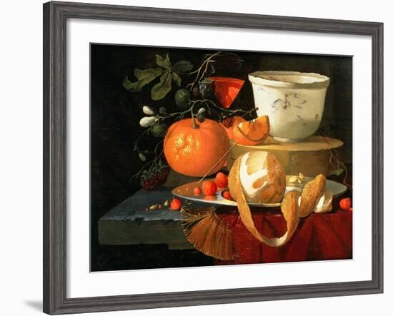 Still Life of an Orange, a Lemon and Strawberry on a Pewter Plate, a Wan-Li Bowl Behind-Elias Van Den Broeck-Framed Giclee Print