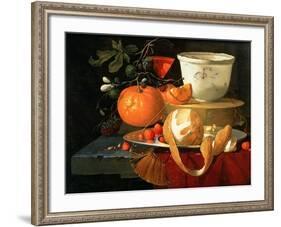 Still Life of an Orange, a Lemon and Strawberry on a Pewter Plate, a Wan-Li Bowl Behind-Elias Van Den Broeck-Framed Giclee Print
