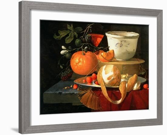 Still Life of an Orange, a Lemon and Strawberry on a Pewter Plate, a Wan-Li Bowl Behind-Elias Van Den Broeck-Framed Giclee Print