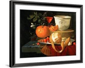 Still Life of an Orange, a Lemon and Strawberry on a Pewter Plate, a Wan-Li Bowl Behind-Elias Van Den Broeck-Framed Giclee Print