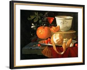Still Life of an Orange, a Lemon and Strawberry on a Pewter Plate, a Wan-Li Bowl Behind-Elias Van Den Broeck-Framed Giclee Print