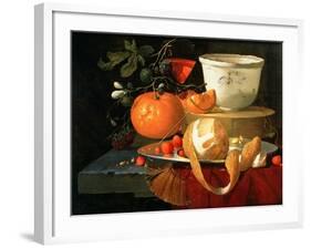 Still Life of an Orange, a Lemon and Strawberry on a Pewter Plate, a Wan-Li Bowl Behind-Elias Van Den Broeck-Framed Giclee Print