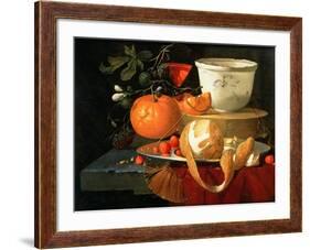 Still Life of an Orange, a Lemon and Strawberry on a Pewter Plate, a Wan-Li Bowl Behind-Elias Van Den Broeck-Framed Giclee Print