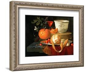 Still Life of an Orange, a Lemon and Strawberry on a Pewter Plate, a Wan-Li Bowl Behind-Elias Van Den Broeck-Framed Giclee Print