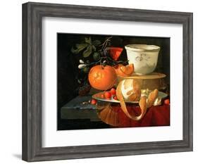 Still Life of an Orange, a Lemon and Strawberry on a Pewter Plate, a Wan-Li Bowl Behind-Elias Van Den Broeck-Framed Giclee Print