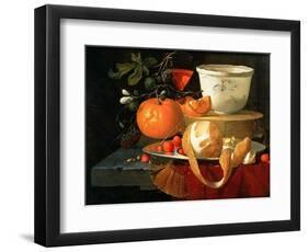 Still Life of an Orange, a Lemon and Strawberry on a Pewter Plate, a Wan-Li Bowl Behind-Elias Van Den Broeck-Framed Giclee Print