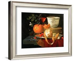 Still Life of an Orange, a Lemon and Strawberry on a Pewter Plate, a Wan-Li Bowl Behind-Elias Van Den Broeck-Framed Giclee Print