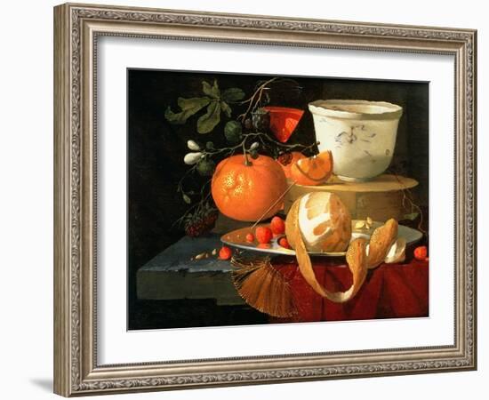 Still Life of an Orange, a Lemon and Strawberry on a Pewter Plate, a Wan-Li Bowl Behind-Elias Van Den Broeck-Framed Giclee Print