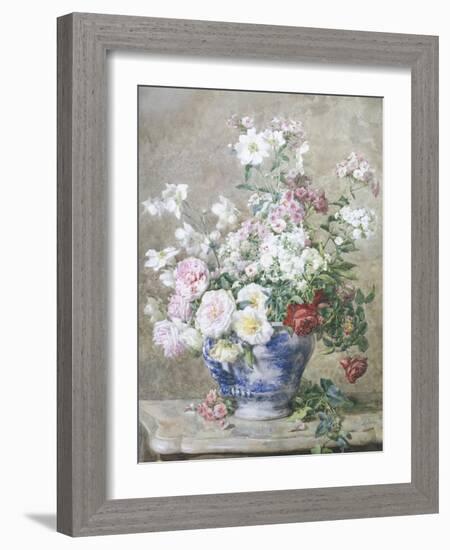 Still Life of Anemones and Roses in a Blue and White Vase-Francois Rivoire-Framed Giclee Print