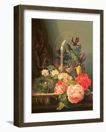 Still Life of Birds, Flowers and a Bird's Nest on a Table-Ellen Ladell-Framed Giclee Print