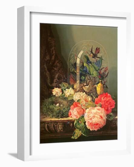 Still Life of Birds, Flowers and a Bird's Nest on a Table-Ellen Ladell-Framed Giclee Print