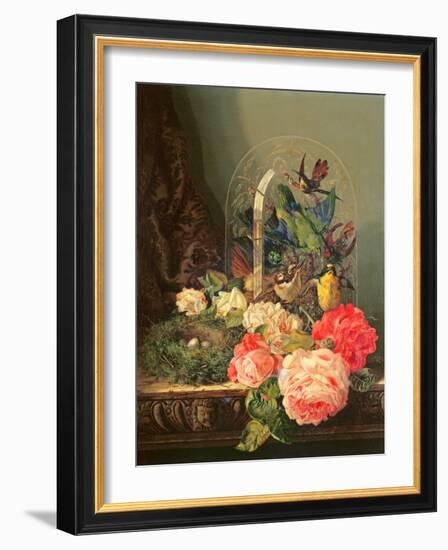 Still Life of Birds, Flowers and a Bird's Nest on a Table-Ellen Ladell-Framed Giclee Print