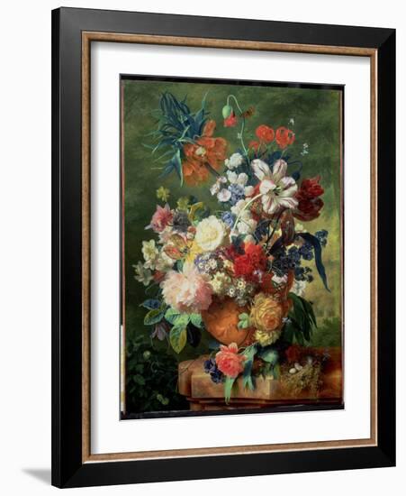 Still Life of Flowers and a Bird's Nest on a Pedestal-Jan van Huysum-Framed Giclee Print