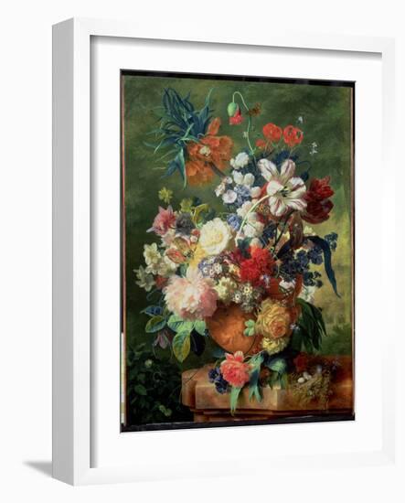 Still Life of Flowers and a Bird's Nest on a Pedestal-Jan van Huysum-Framed Giclee Print