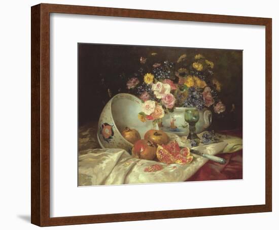 Still Life of Flowers in a Chinese Vase with Pomegranates-Eugene Henri Cauchois-Framed Giclee Print