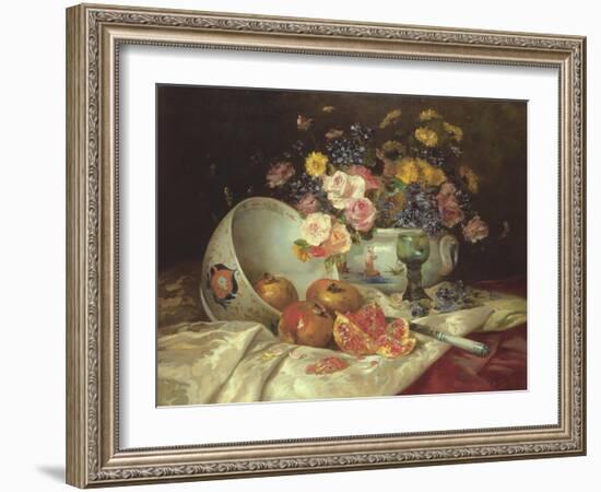 Still Life of Flowers in a Chinese Vase with Pomegranates-Eugene Henri Cauchois-Framed Giclee Print