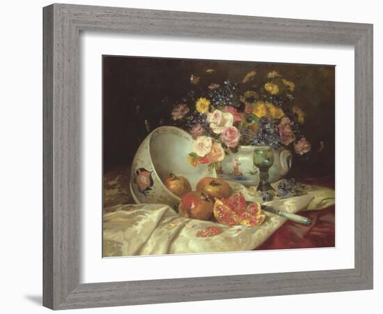 Still Life of Flowers in a Chinese Vase with Pomegranates-Eugene Henri Cauchois-Framed Giclee Print