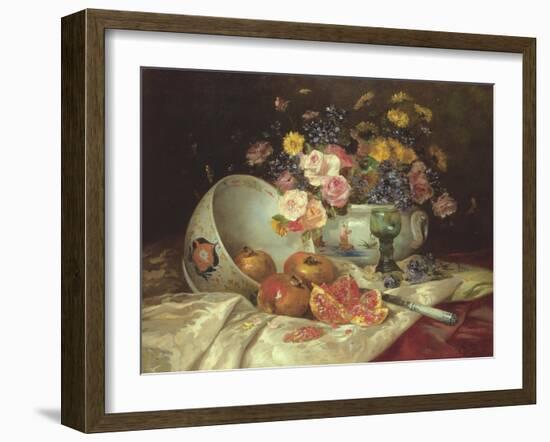 Still Life of Flowers in a Chinese Vase with Pomegranates-Eugene Henri Cauchois-Framed Giclee Print