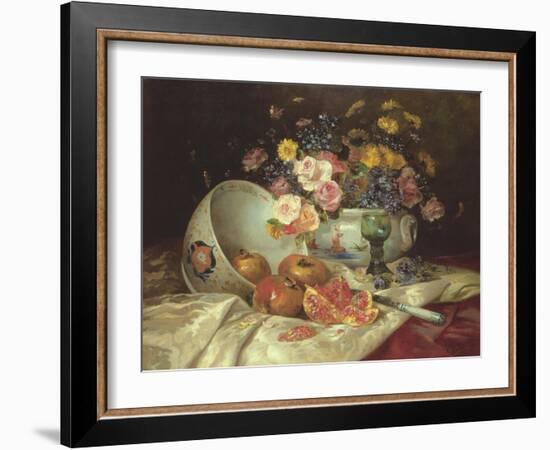 Still Life of Flowers in a Chinese Vase with Pomegranates-Eugene Henri Cauchois-Framed Giclee Print