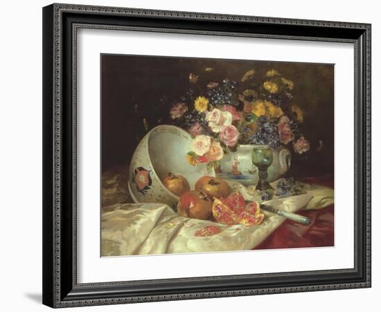 Still Life of Flowers in a Chinese Vase with Pomegranates-Eugene Henri Cauchois-Framed Giclee Print