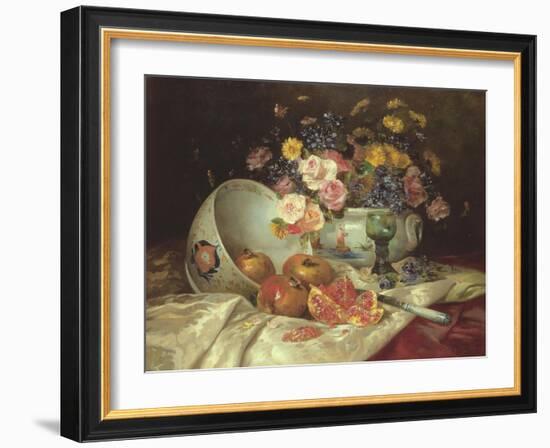 Still Life of Flowers in a Chinese Vase with Pomegranates-Eugene Henri Cauchois-Framed Giclee Print