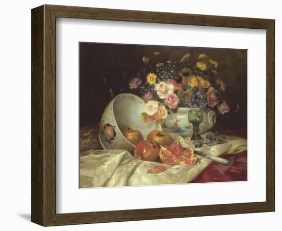 Still Life of Flowers in a Chinese Vase with Pomegranates-Eugene Henri Cauchois-Framed Giclee Print