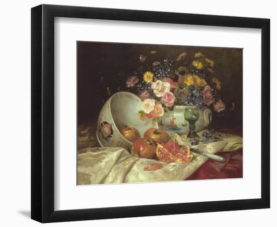 Still Life of Flowers in a Chinese Vase with Pomegranates-Eugene Henri Cauchois-Framed Giclee Print