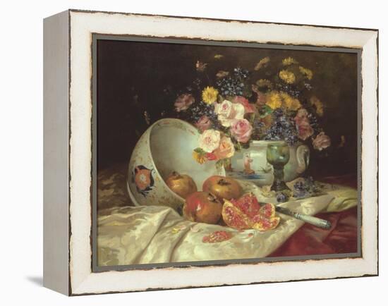 Still Life of Flowers in a Chinese Vase with Pomegranates-Eugene Henri Cauchois-Framed Premier Image Canvas