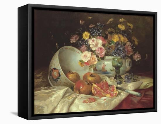 Still Life of Flowers in a Chinese Vase with Pomegranates-Eugene Henri Cauchois-Framed Premier Image Canvas